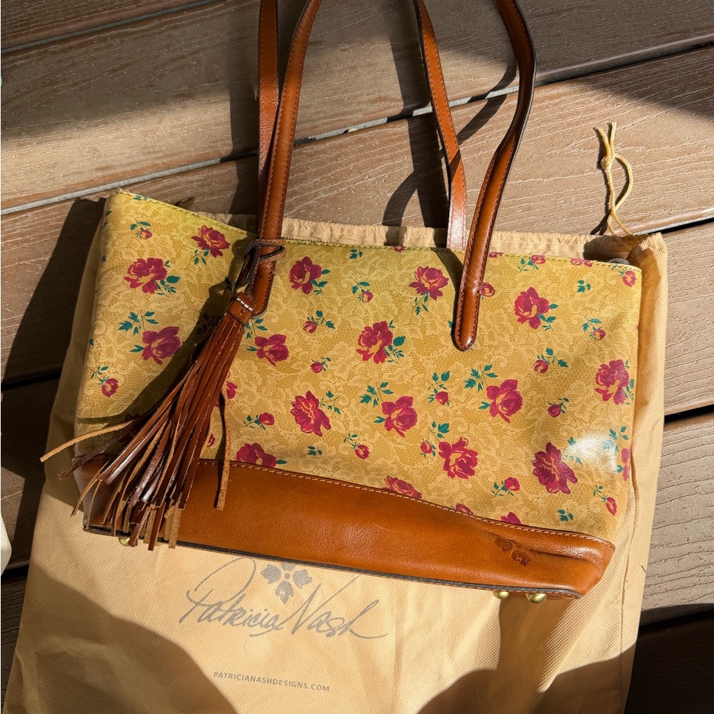 Patricia Nash Yellow Floral Tote with Brown Leather Accents